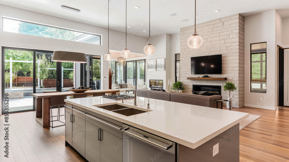 Fototapeta premium Stylish Bar Area in a Minimalist Modern Kitchen, Abstract Decor 