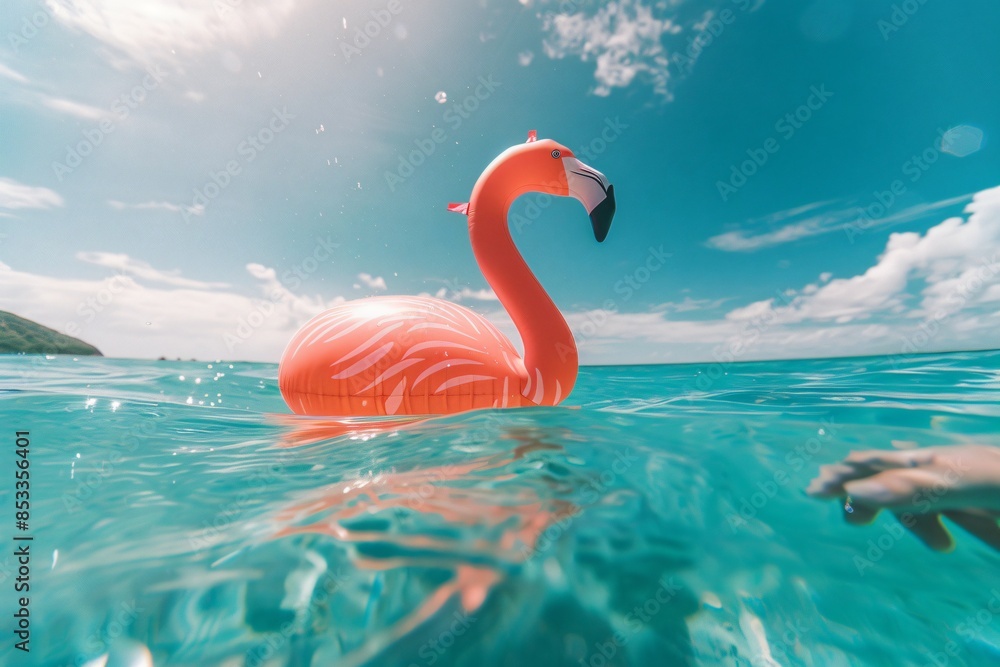 Fototapeta premium pink flamingo shaped pool float drifting in serene turquoise waters under bright summer sun. Tropical vacation and leisure concept