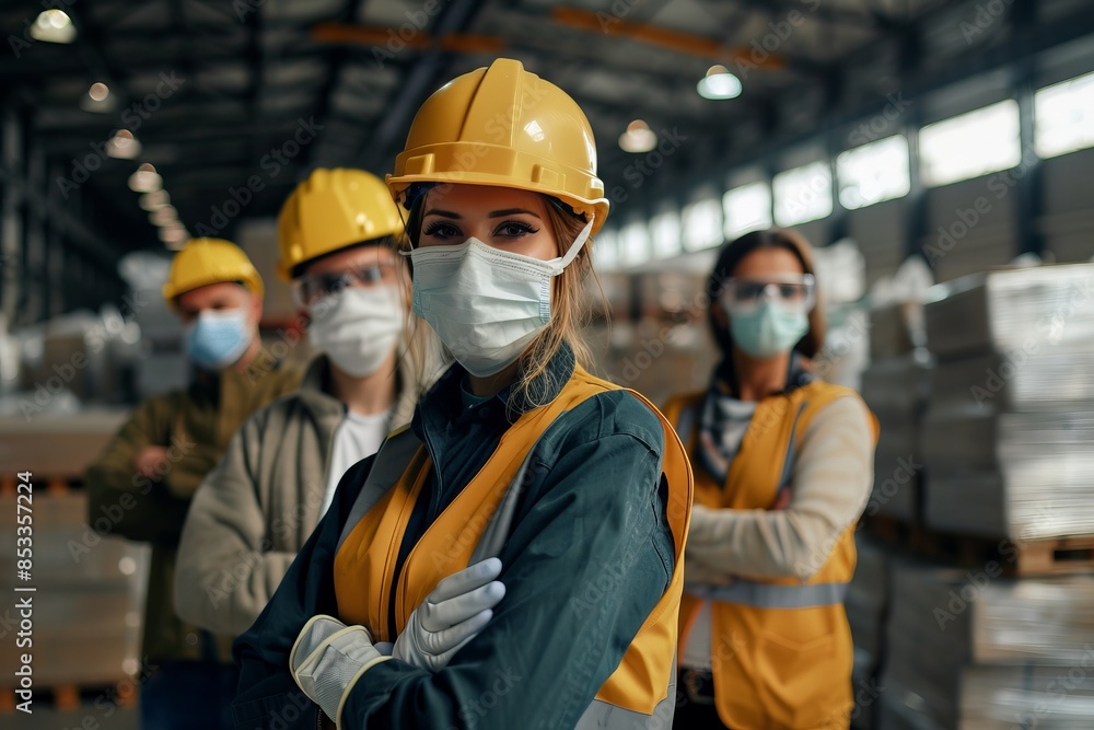 Group of intercultural warehouse workers in gloves, respirators and workwear Group of intercultural warehouse workers in gloves, respirators and workwear