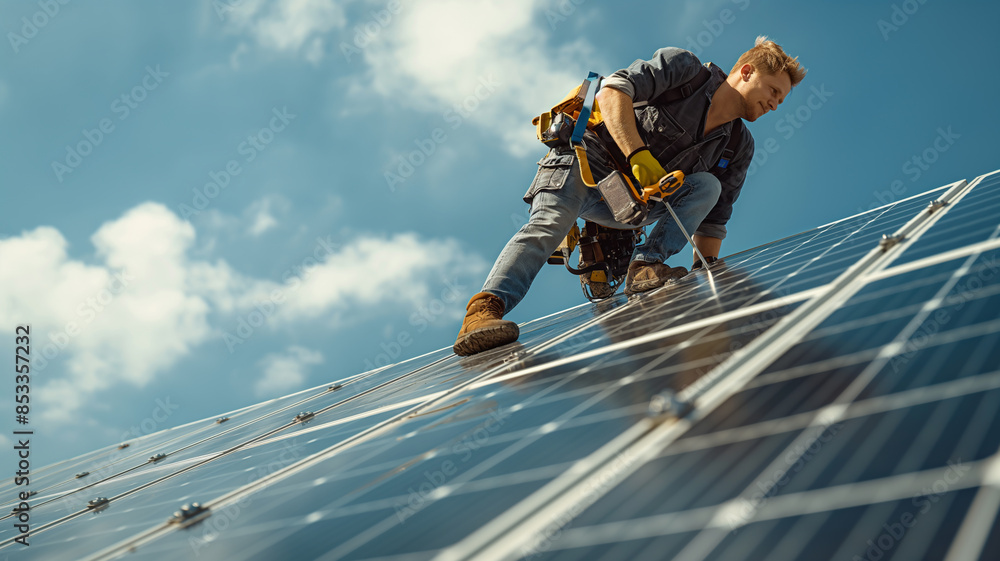 Man maintaining solar panel in a solar farm, performing maintenance and checks
Man maintaining solar panel in a solar farm, performing maintenance and checks