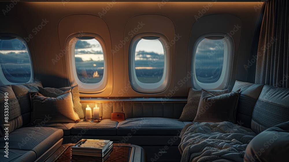 Inside a luxury jet plane with a comfortable seat. Premium travel concept Inside a luxury jet plane with a comfortable seat. Premium travel concept