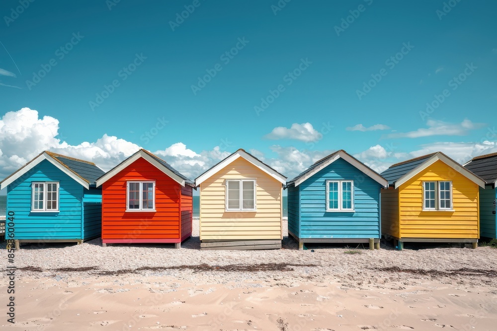 Three colorful beach houses are lined up on a sandy beach Three colorful beach houses are lined up on a sandy beach