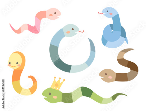 巳年の年賀状などにも使えるカラフルで可愛い蛇のキャラクターのイラストのセット