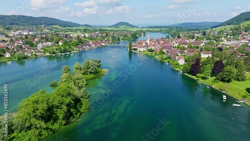 Aerial view of the Werd archipelago in the westernmost part of Lake Constance, Lake Rhine, between Eschenz and Stein am Rhein, Canton Thurgau, Switzerland, Europe