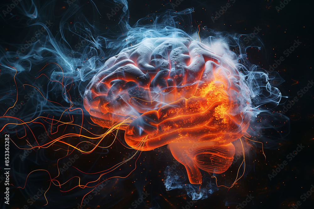 Fototapeta premium Human brain burning artwork: Visual and auditory hallucinations mental health concept