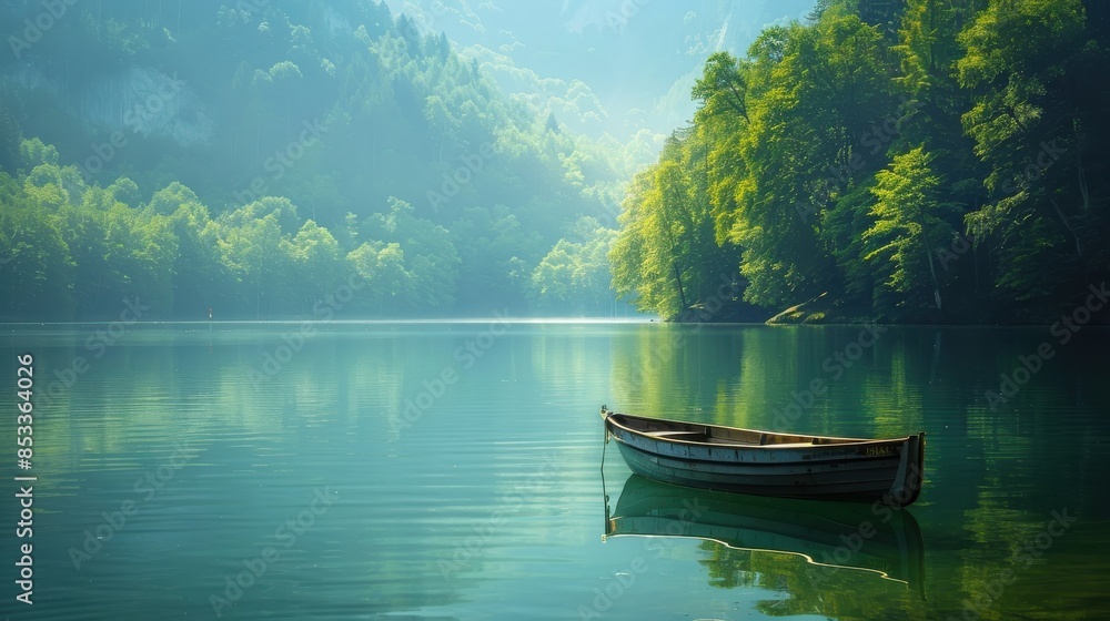 A wooden kayak or canoe on water with beautiful lake