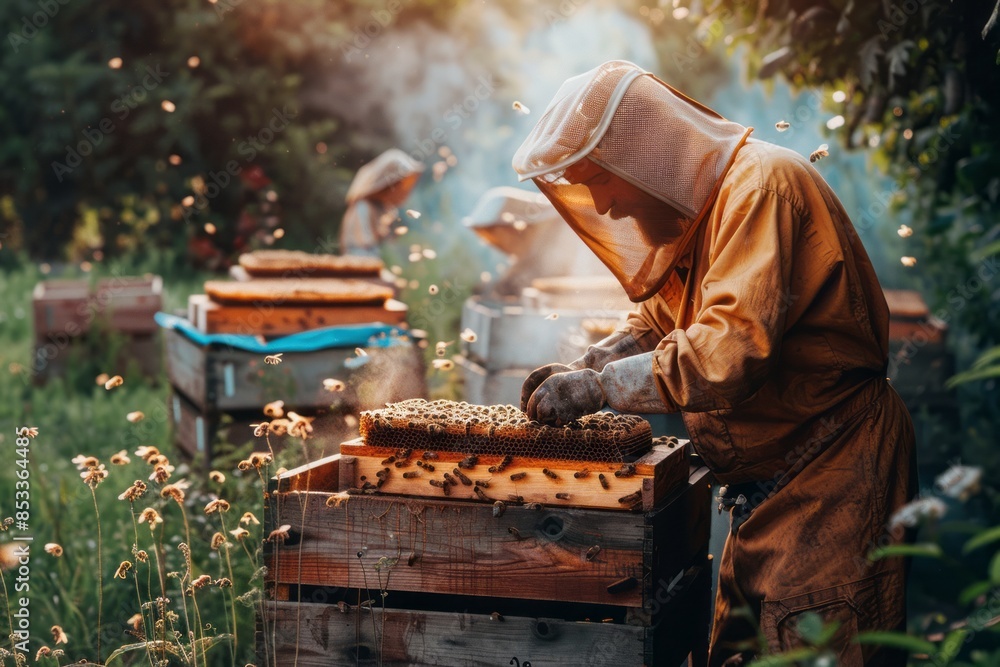 male beekeeper working in an apiary near beehives with bees. Beekeeping concept..no face close up.male beekeeper working in an apiary near beehives with bees. Beekeeping concept male beekeeper working in an apiary near beehives with bees. Beekeeping concept..no face close up.male beekeeper working in an apiary near beehives with bees. Beekeeping concept