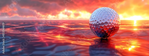 Futuristic Iridescent Golf Ball Floating on Reflective Waters at Dramatic Sunset Landscape photo