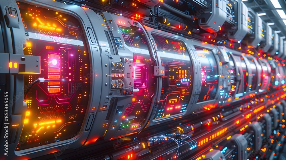 Cinematic Depiction of Advanced Supercomputer with Sleek Metallic Chassis and Levitating Control Cinematic Depiction of Advanced Supercomputer with Sleek Metallic Chassis and Levitating Control