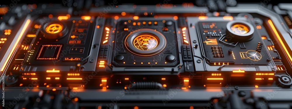 Fototapeta premium Sleek Metallic Quantum Computer Core with Glowing Levitating Console Cinematic Retrofuturistic