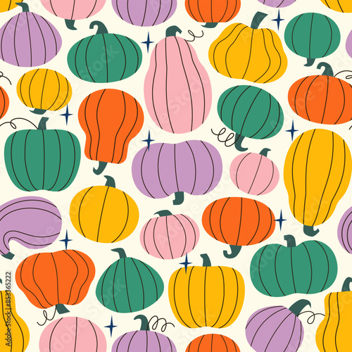 Vector pattern of various vivid colorful hand drawn pumpkins for Halloween, Thanksgiving, harvest, autumn season fabric, packaging, wrapping paper, wallpaper design