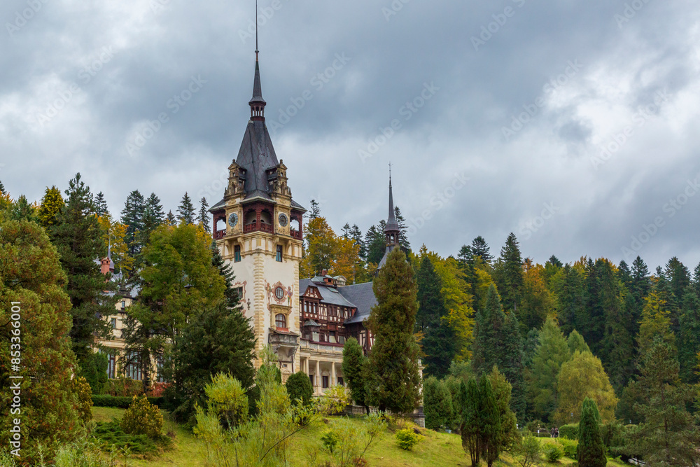 Europe, Romania, Carpathian Mountains, Prahova County, Sinaia. King Carol 1's Peleș Castle, Castelul Peles. Exterior. Neo-Renaissance castle. Europe, Romania, Carpathian Mountains, Prahova County, Sinaia. King Carol 1's Peleș Castle, Castelul Peles. Exterior. Neo-Renaissance castle.