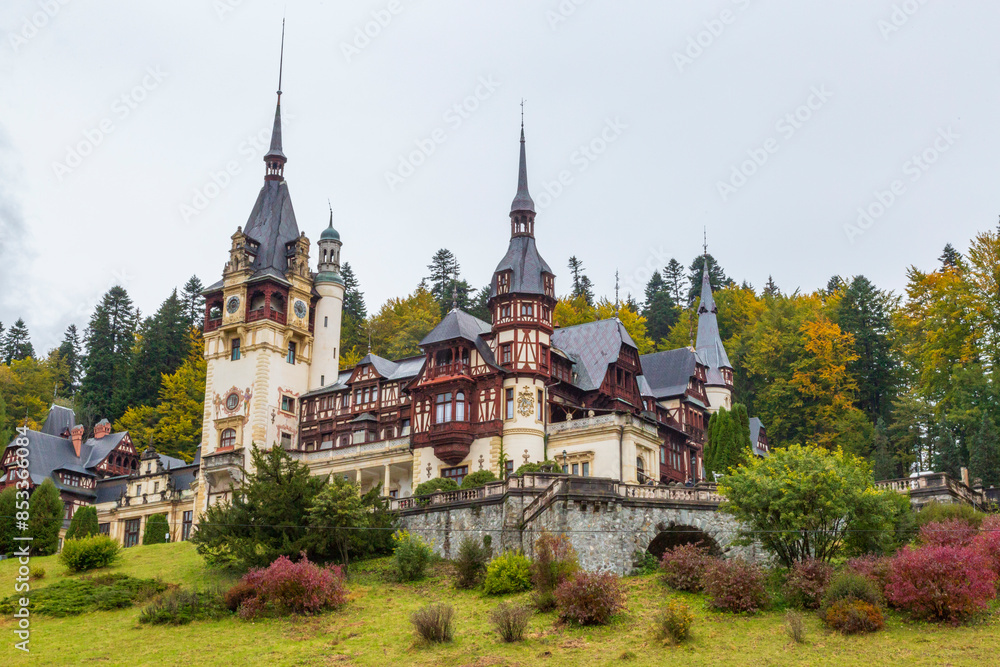 Europe, Romania, Carpathian Mountains, Prahova County, Sinaia. King Carol 1's Peleș Castle, Castelul Peles. Exterior. Neo-Renaissance castle. Europe, Romania, Carpathian Mountains, Prahova County, Sinaia. King Carol 1's Peleș Castle, Castelul Peles. Exterior. Neo-Renaissance castle.