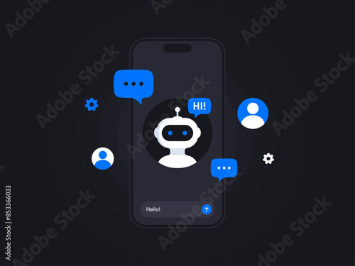 Chatbot service design concept. Automation customer support application. Virtual smart assistant technology in business. Artificial intelligence answering clients questions. Vector illustration