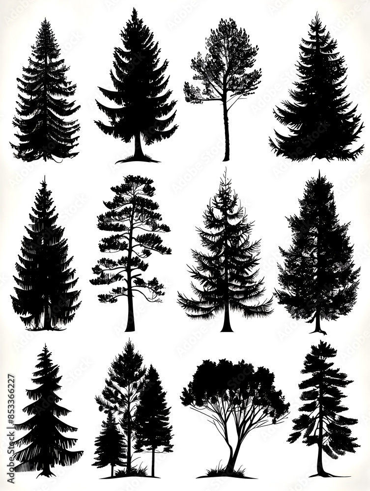 Obraz premium set of black silhouette pine tree forests on white background
