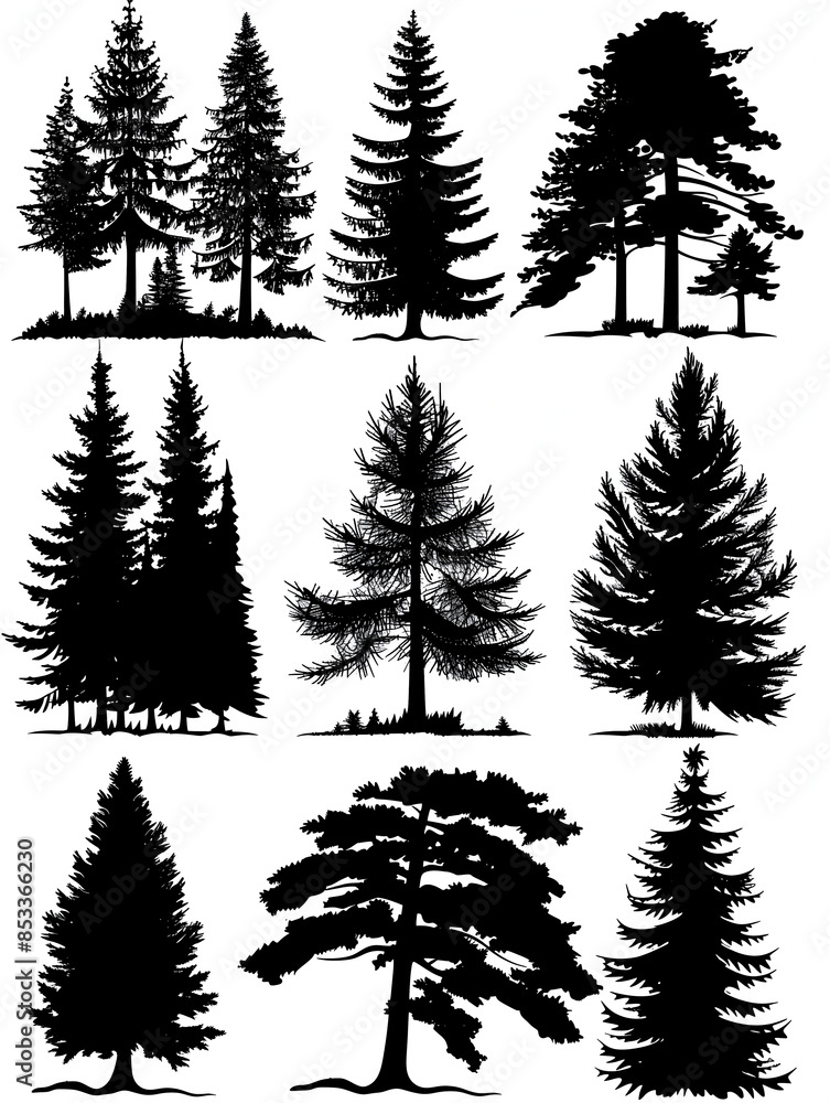 Obraz premium set of black silhouette pine tree forests on white background
