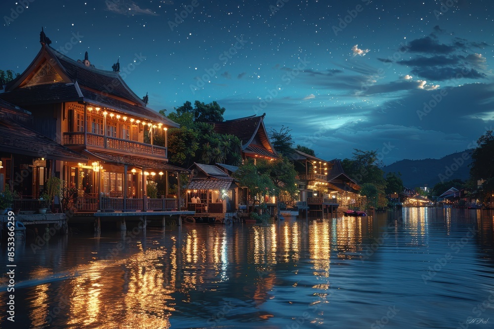 Obraz premium A lake with a house on the shore and a starry sky above