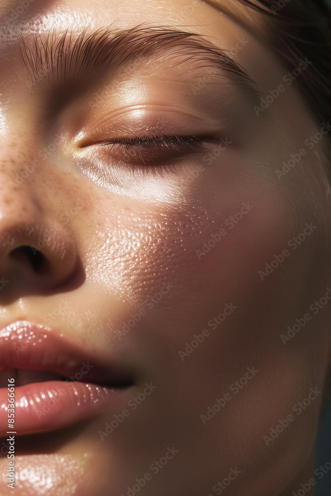 Naklejka premium Detailed Close-Up of a Young Woman in Her 20s with Glowing, Healthy Skin, Without Makeup