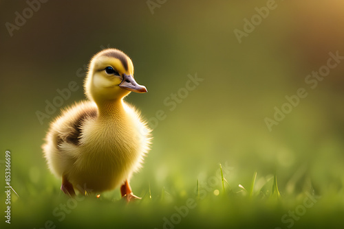 a duckling standing on a grassy field, with the focus on the duckling and a bokeh effect creating a blurred, spacious background for text