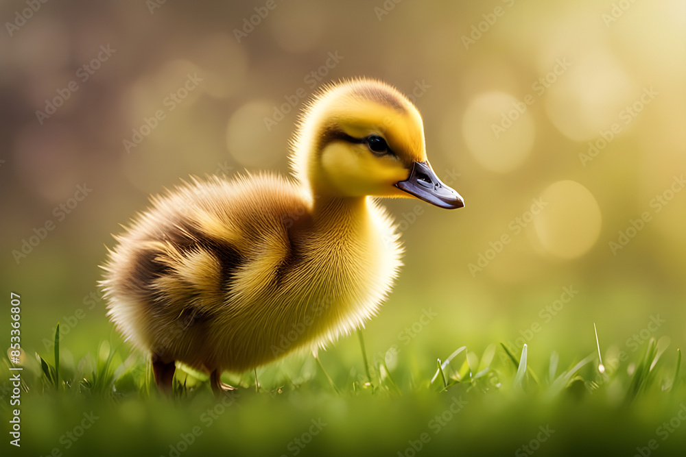 a duckling standing on a grassy field, with the focus on the duckling and a bokeh effect creating a blurred, spacious background for text a duckling standing on a grassy field, with the focus on the duckling and a bokeh effect creating a blurred, spacious background for text