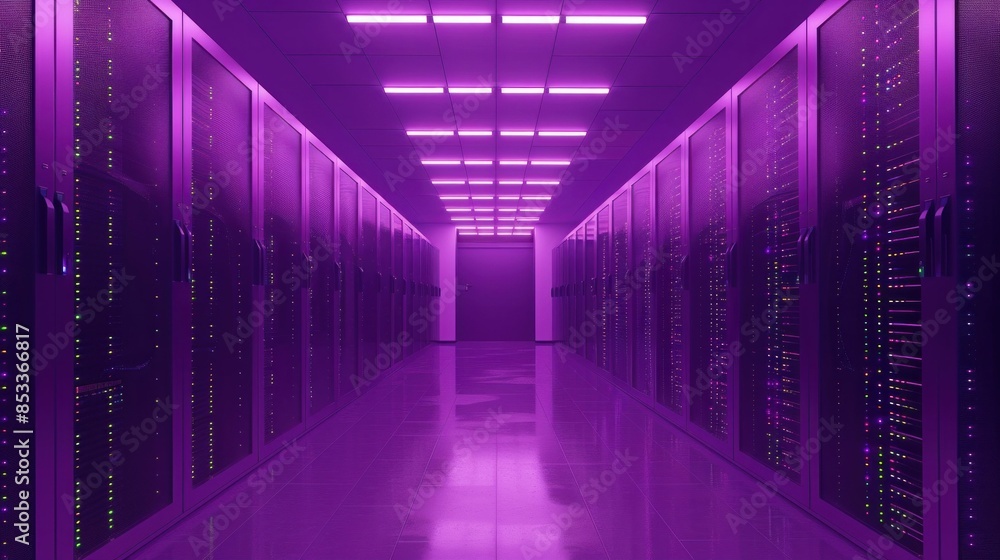 Technology meets art in a mesmerizing display of purple lights illuminating rows of servers in a futuristic data center Technology meets art in a mesmerizing display of purple lights illuminating rows of servers in a futuristic data center