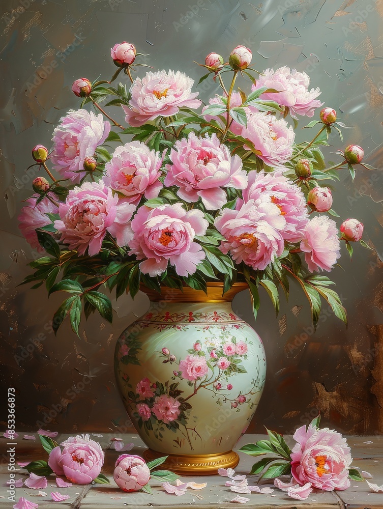 A beautiful bouquet of peonies in a vase, in a painted style. A beautiful bouquet of peonies in a vase, in a painted style.