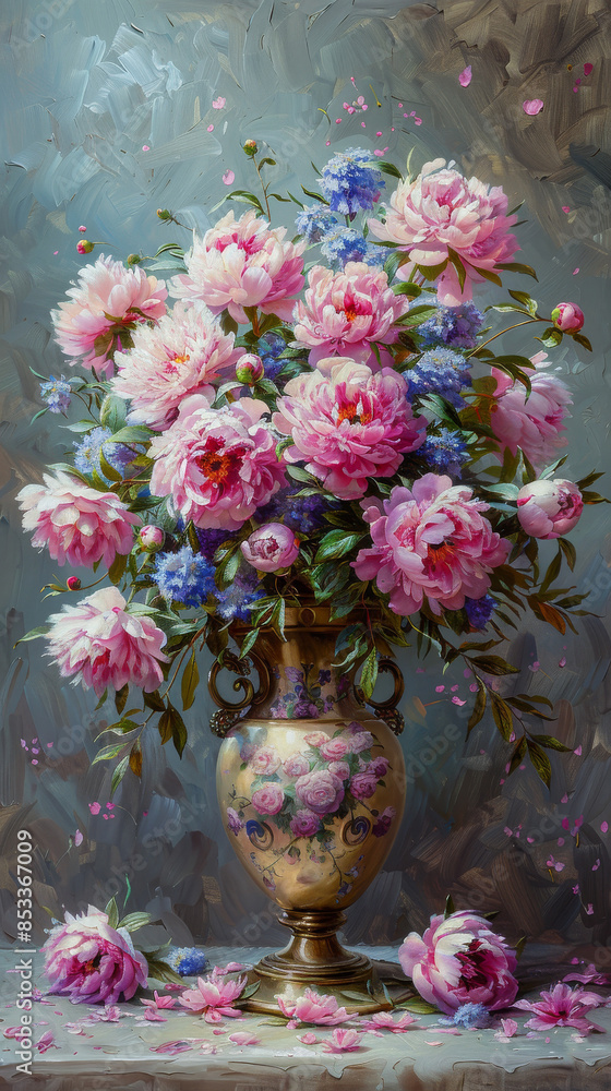 A beautiful bouquet of peonies in a vase, in a painted style. A beautiful bouquet of peonies in a vase, in a painted style.