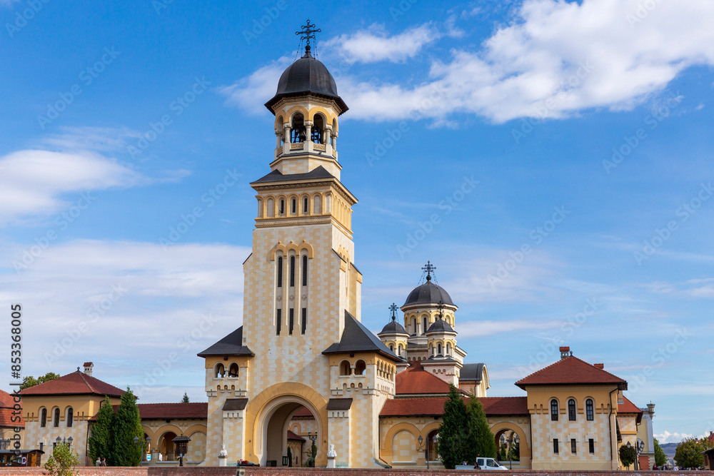 Europe, Romania, Alba Iulia. Alba Carolina Citadel,star-shaped fortress,church tower with bell. Europe, Romania, Alba Iulia. Alba Carolina Citadel,star-shaped fortress,church tower with bell.