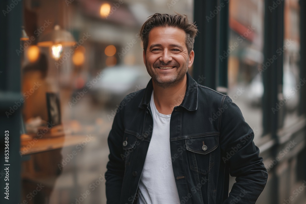 Good-looking man, smiling, wearing black jacket and white t-shirt. Good-looking man, smiling, wearing black jacket and white t-shirt.