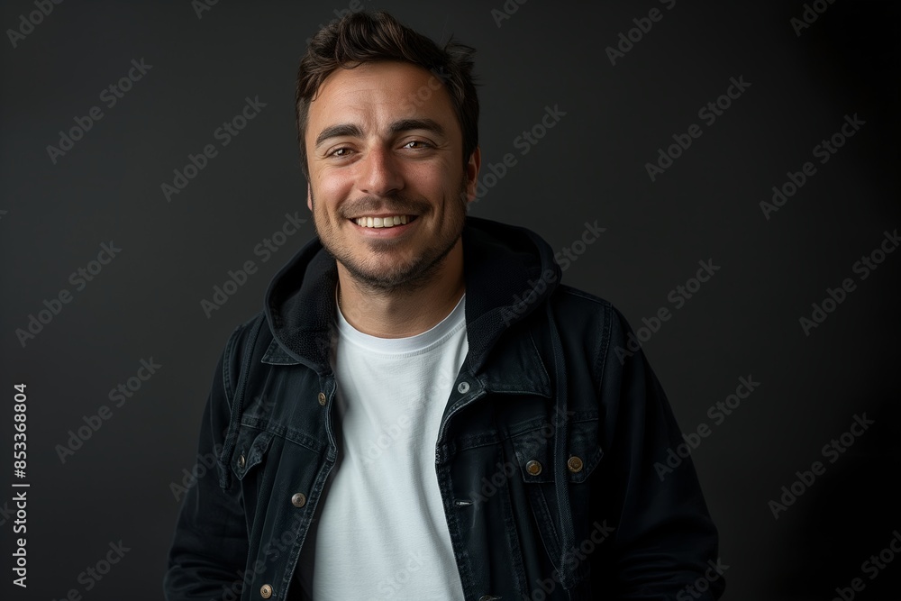 Good-looking man, smiling, wearing black jacket and white t-shirt. Good-looking man, smiling, wearing black jacket and white t-shirt.