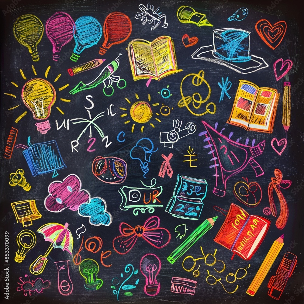 Naklejka premium Colorful back-to-school doodles on a chalkboard