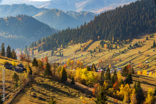 Europe, Romania, Prahova County, BuceTgi mountains, Busteni. Rural farms.territorial view. photo