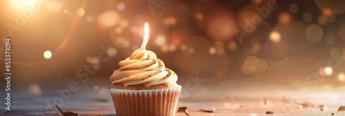 Birthday creamy cupcake with lightning candle. Anniversary pastry confection with glowing candle. photo