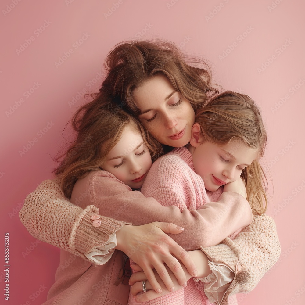 Happy mother and child in casual clothes standing on a white background. Smiling mother hugging her two daughter. Closeup studio portrait of caucasian mom and her child smiling with shiny white teeth. Happy mother and child in casual clothes standing on a white background. Smiling mother hugging her two daughter. Closeup studio portrait of caucasian mom and her child smiling with shiny white teeth.