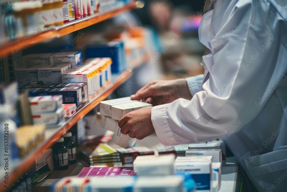 Obraz premium Pharmacist Using Accounts In Drug Store