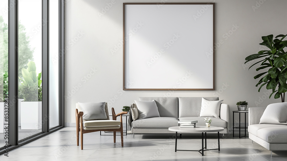 Blank frame mockup positioned above a couch in a modern Scandinavian minimalist living room in light grey themed
Blank frame mockup positioned above a couch in a modern Scandinavian minimalist living room in light grey themed