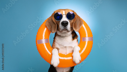 A beagle dog wearing sunglasses and an swimming circle on a blue background photo