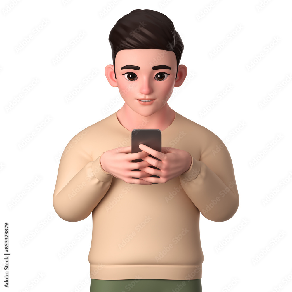 Portrait of half body man character playing with his smartphone seriously, 3D Character Illustration. Portrait of half body man character playing with his smartphone seriously, 3D Character Illustration.