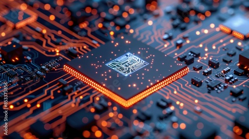A computer chip is lit up with orange lights. The chip is a microprocessor and is surrounded by other electronic components. Concept of technology and innovation