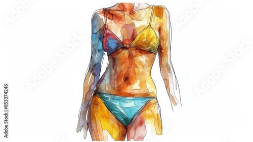 A chic onepiece swimsuit with cutout details, isolate on white background, photo crayon style photo