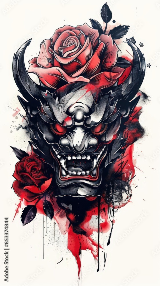 Obraz premium tattoo design of a japanese oni demon mask facing forward, with one single red rose,