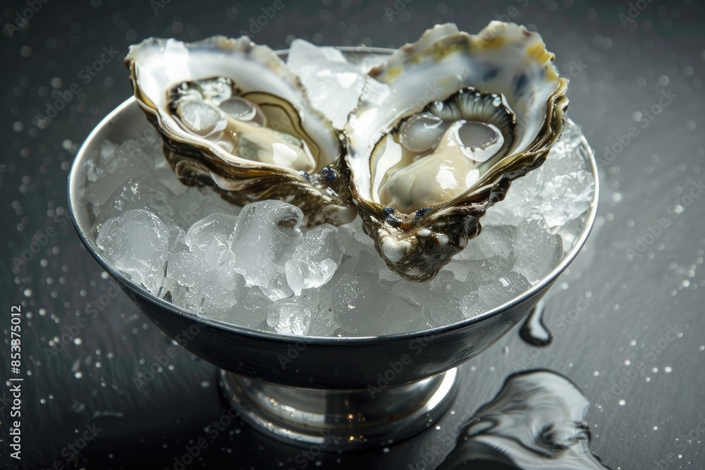 Two oysters are in a bowl of ice. The bowl is silver and has a silver rim Two oysters are in a bowl of ice. The bowl is silver and has a silver rim