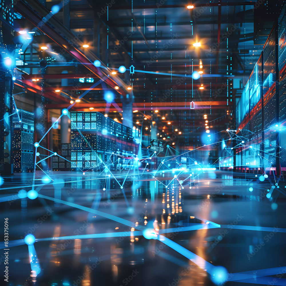 Fototapeta premium A holographic projection of a supply chain network diagram in a logistics center, business, dynamic and dramatic compositions, with copy space Generative AI