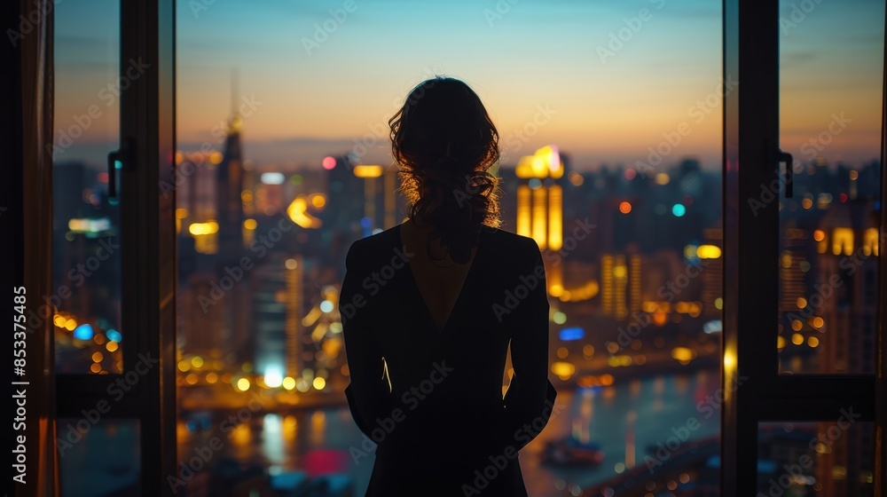 Woman in Chic Dress Overlooking City Lights from Luxurious Apartment
Woman in Chic Dress Overlooking City Lights from Luxurious Apartment