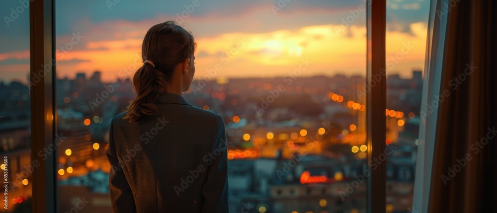 Fototapeta premium Woman in Chic Dress Overlooking City Lights from Luxurious Apartment
