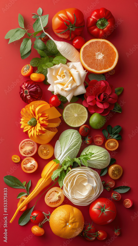 Aesthetic Arrangement of Fresh Vegetables and Fruits on Red Background with Creative Flower Carvings for Culinary Art Enthusiasts and Food Photography Aesthetic Arrangement of Fresh Vegetables and Fruits on Red Background with Creative Flower Carvings for Culinary Art Enthusiasts and Food Photography