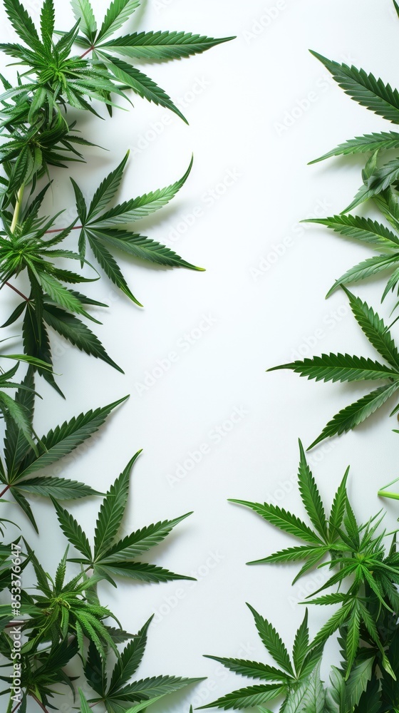 Cannabis Leaves and Flowers Border, Natural Organic Green Hemp Leaf, THC Marketing CBD Advertising Medicinal Herbs Isolated White Background, Plant Garden Backdrop Copy Space for Text Cannabis Leaves and Flowers Border, Natural Organic Green Hemp Leaf, THC Marketing CBD Advertising Medicinal Herbs Isolated White Background, Plant Garden Backdrop Copy Space for Text