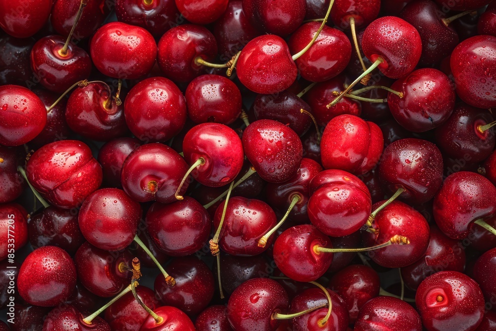 Red sweet cherries. Pile of fresh red ripe sweet cherry. Top view, flat lay Red sweet cherries. Pile of fresh red ripe sweet cherry. Top view, flat lay