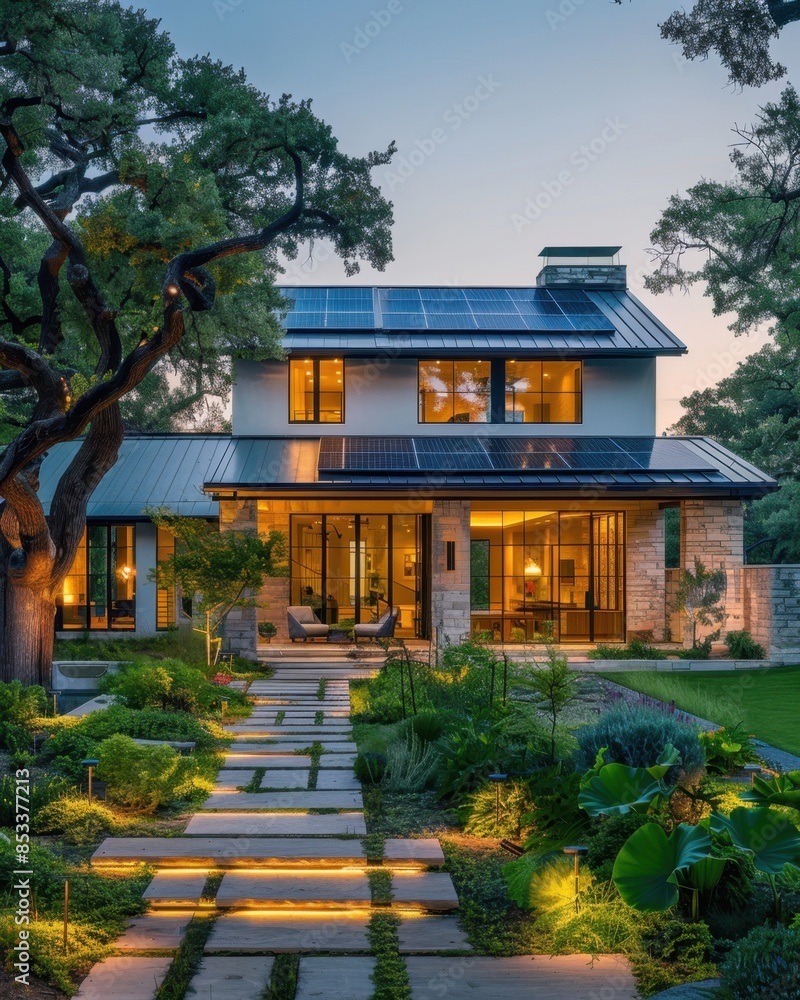 Elegant Home with Solar Panels and Tree-Shaded Facade
Elegant Home with Solar Panels and Tree-Shaded Facade