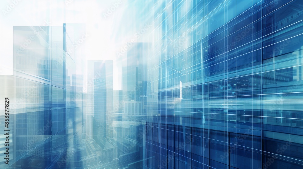 Abstract cityscape with transparent blue layers and geometric lines Abstract cityscape with transparent blue layers and geometric lines